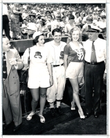 Movie Star World Series, 7/9/1949: 40,000 Murphy with Virginia Mayo, former Sox player August Trapp, Marlyn Monroe and White Sox coach Bing Miller. The stars played baseball old timers