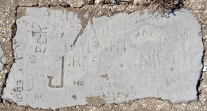 Autograph rock: Ward, JAB, Babe, Peek, Daylight, Purrs, John, Andy, Louie, Hotty, NIF T, V, J and others. Chicago lakefront stone carvings, between 45th Street and Hyde Park Blvd. 2018