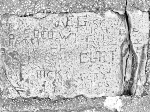 Autograph rock: Patty, FG, Stash, Geo. W Curt, Hick, others, 40. Chicago lakefront stone carvings, between 45th Street and Hyde Park Blvd. 2019