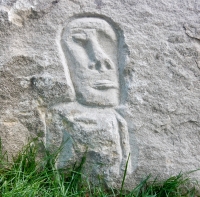 Easter Island-style figure, detail, stone carvings, Fullerton Avenue at Lake Michigan