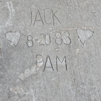 Jack 8-20-83 Pam, stone carvings, Fullerton Avenue at Lake Michigan
