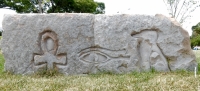 Ankh, Eye of Horus, bird figure, stone carvings, Fullerton Avenue at Lake Michigan