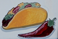 Taco and pepper detail, Painted sign for Mexican restaurant with name erased