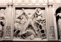 Crucifixion of St. Eulalia, not the usual martyrdom for a woman saint. Barcelona Cathedral