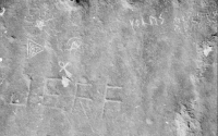 Jeff and scratched symbols. Chicago lakefront stone carvings between Belmont and Diversey Harbors. 2002