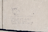 Devil face, "Drugs the devil's plaything."  Chicago lakefront drawings, between Belmont and Diversey Harbors. 2022