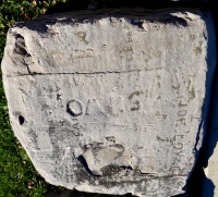 Autograph rock: SYVO, Joe Coyal, Oars,  and others, with Bugs Bunny on the left. Chicago lakefront stone carvings, between Belmont and Diversey Harbors. 2015