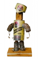 Male Buckhorn Beer bottle-cap flasher figure, with beer can hat and pull-tab hands, closed - vernacular art