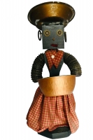 Black bottle-cap figure with checked dress and scarf - vernacular art