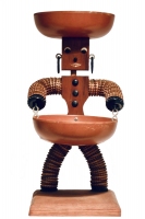 Brown bottle-cap figure with tapered body and painted mouth - vernacular art