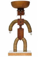 Brown bottle-cap figure with strange body, pull-tab earrings and one bowl - vernacular art