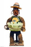 Seated green bottle-cap figure with Green Bay Packers helmet on chest- vernacular art