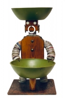 Brown bottle-cap figure with bowl support post - vernacular art