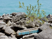 I need a beer. Chicago lakefront stone writings, Northerly Island. 2019