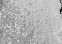 7-8-97, Charlie Brown, with hammer. Chicago lakefront stone carvings, Calumet Park. 2019