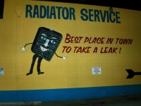 Anthropomorphized radiator and slogan, "Best Place In Town To Take A Leak."  Nevada Radiator, Las Vegas-Roadside Art