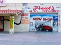 Virgin, dragster, spray tool and more on facade of Frank's Auto Refinishing, South Tucson, Arizona-Roadside Art