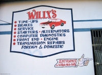 Painting of Chevy SS and information for Willy's Auto, San Francisco-Roadside Art