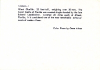 Mini color view of 25-foot-tall obelisk  at  Coral Castle, Homestead, Florida, postcard-verso