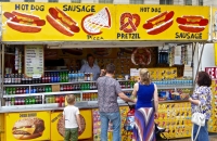 Hot dog, sausage, pizza, pretzel. Vernacular hand-painted food truck signage, National Mall, Washington, D.C.
