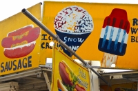 Sausage, ice cream, red white and blue  pop. Vernacular hand-painted food truck signage, National Mall, Washington, D.C.