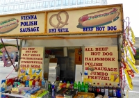 Vienna polish sausage, soft pretzel, beef hot dog. Vernacular hand-painted food truck signage, National Mall, Washington, D.C.