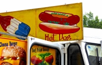 Red white and blue  pop, hot dog. Vernacular hand-painted food truck signage, National Mall, Washington, D.C.