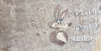Wile E Coyote, Mexican-themed image, DF, Gello y Marcos, 28/03/91. Chicago lakefront stone carvings, between Foster Avenue and Bryn Mawr. 2017