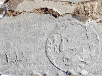 E.B., Mayan skull, based on a bas relief on the ball game court in Chichen Itza. This ball has a skull in it because the winner of the game was beheaded to join the gods.  Chicago lakefront stone carvings between Foster Avenue and Bryn Mawr. 2020