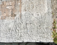 JL 10-20-10, with horse carving. Chicago lakefront stone drawings, between Foster Avenue and Bryn Mawr. 2023