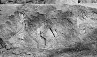 Horus, pyramids, Horus as falcon-headed man, near hair washers. Chicago lakefront stone carvings at Fullerton. 2018