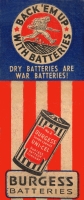 Burgess Batteries World War II matchbook cover: Back em up with batteries