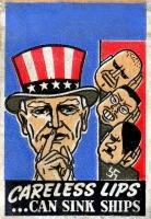 Uncle Sam with Axis leaders: Carekess His can sink ships World War II matchbook cover