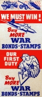 We Must Win2 Buy More War Bonds with military equipment and an eagle sitting on a large V, World War II matchbook cove