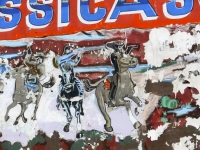 Roadside art: Jessicas Fashion  deteriorated cowboys on wall sign, detail