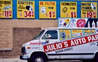 Julio's Auto Parts signs and van, Diversey at Sacramento (2002)-Roadside Art