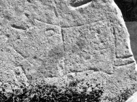 Dog (detail), CJ, JD, HP, Jack, OH. Chicago lakefront stone carvings, south of La Rabida Hospital. 2023