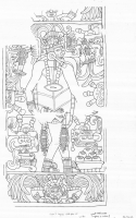 Chichen Itza. South outer pier, Lower Temple of the Jaguar, Great Ballcourt. God N, as a Pawahtun, dressed in turtleshell armor. Drawing by Linda Schele, from the Schele Drawing Collection at LACMA