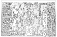 Panel, Temple of the Foliated Cross at Palenque (image and flanking text panels). 1975 drawing by Linda Schele, from the Schele Drawing Collection at LACMA. At left, K'inich Kan B'alam II stands on a flowering Witz ("mountain") while holding a Jester God figurine. On the right, a smaller person stands on a shell glyphically identified as the supernatural location "Matawil." At center, a World Tree, embellished with jewels and Maize God heads, grows from a Waterlily Monster. Itzam-Ye (the Celestial Bird) perches atop the tree.
