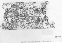 Detail of frieze from Great Ballcourt at Chichen Itza depicting a decapitated warrior, ball with Inscribed skull, and a warrior carrying a severed head. Drawing by Linda Schele, from the Schele Drawing Collection at LACMA