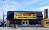 Storefront and sign with portraits. Frank's West Side Auto Parts, Kedzie at 30th Street