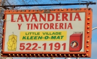 Sign with washing machine and dry cleaning. Little Village Kleen-O-Mat, Albany Avenue and 25th Street