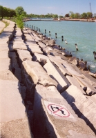 The carving-rich Chicago lakefront stepstones south of Montrose Harbor, before the lakefront protection project hauled them away. The Montrose Harbor reconstruction is underway at the upper right. Before 2008