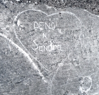 Deno -N- Sandra. Lost. Chicago lakefront stone carvings, south of Montrose Harbor. 2008