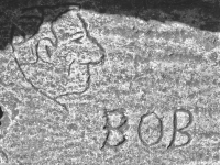 Bob, with beanie. Lost. Chicago lakefront stone carvings, south of Montrose Harbor. 2003
