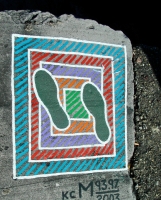 Feet on colorful grid, painted 1993, refreshed in 1997 and 2003. Lost. Chicago lakefront stone paintings, south of Montrose Harbor. 2003