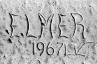 Elmer 1967. Aron Packer photo. Chicago lakefront stone carvings, Montrose Harbor.