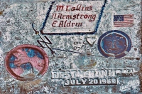 Moon landing tribute by Helmut. Aron Packer photo. Chicago lakefront stone carvings, Montrose Harbor. 1989