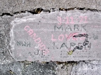 September 11, 1971, Mark Loves Karen, Candida, J.F. carving, detail. Chicago lakefront stone drawings, south of Montrose Harbor. 2003