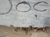 Doc Don #1, detail. Chicago lakefront stone carvings, Montrose Beach. 2023